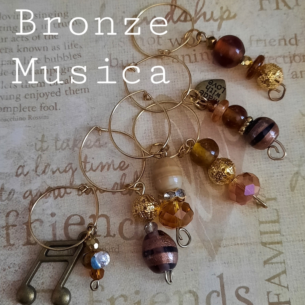 Wine Charms "Bronze Musica". 3/4" hoops. Hand crafted set of 6.